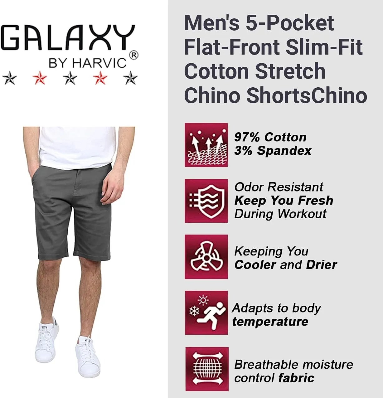 Galaxy by Harvic Men's 5-Pocket Flat-Front Slim-Fit Cotton Stretch Chino Shorts (Size 30-42)