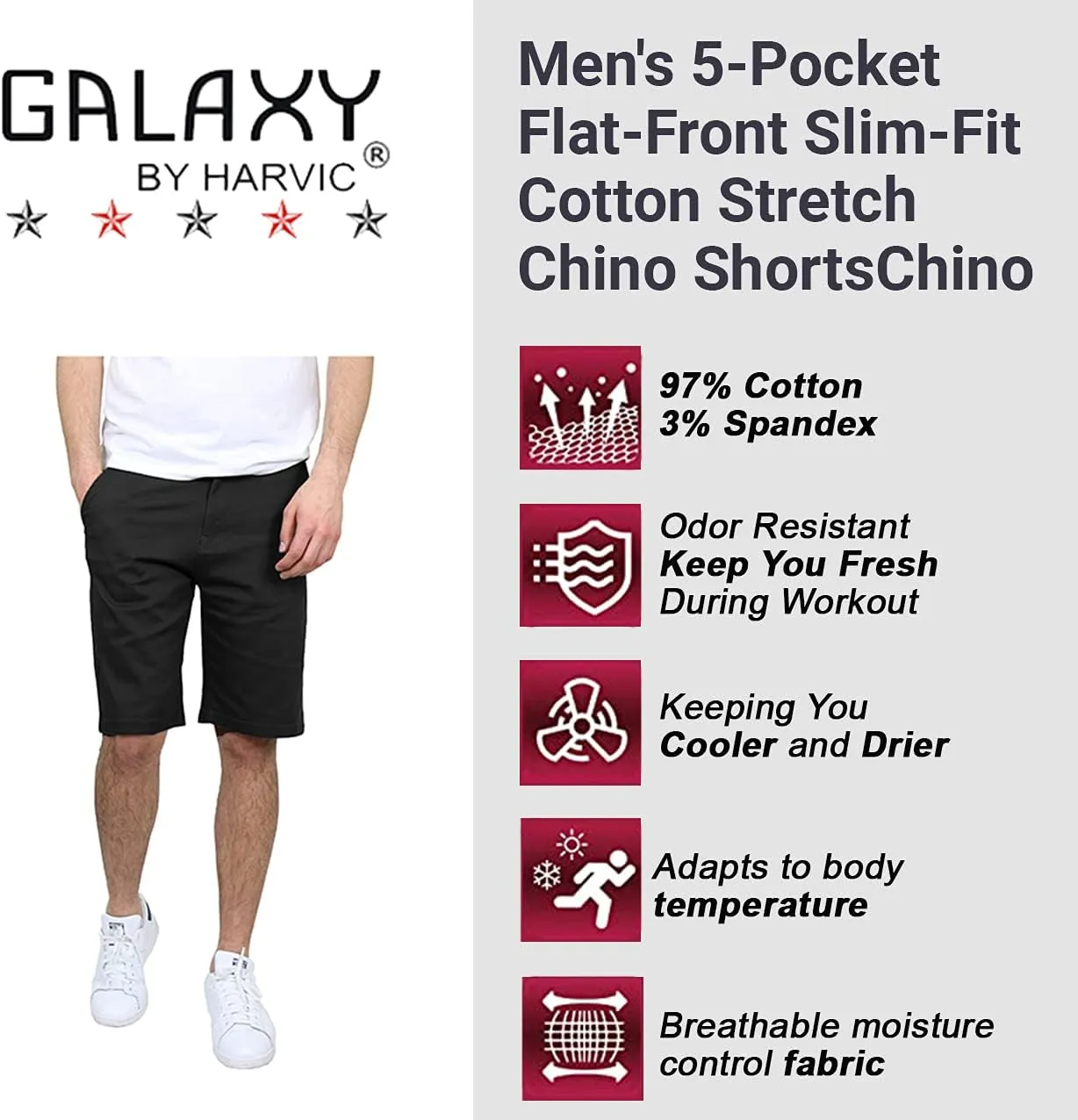 Galaxy by Harvic Men's 5-Pocket Flat-Front Slim-Fit Cotton Stretch Chino Shorts (Size 30-42)