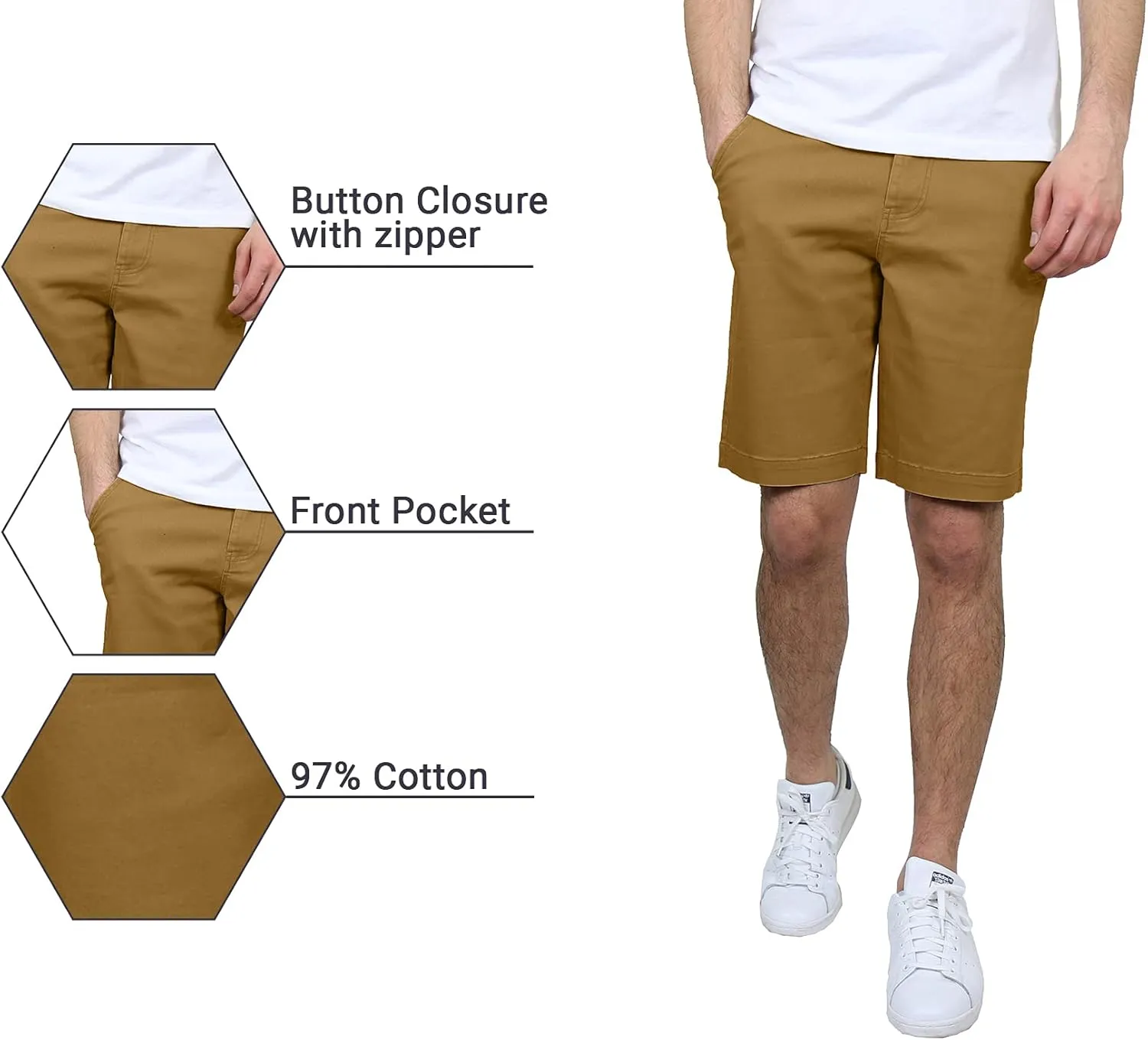 Galaxy by Harvic Men's 5-Pocket Flat-Front Slim-Fit Cotton Stretch Chino Shorts (Size 30-42)