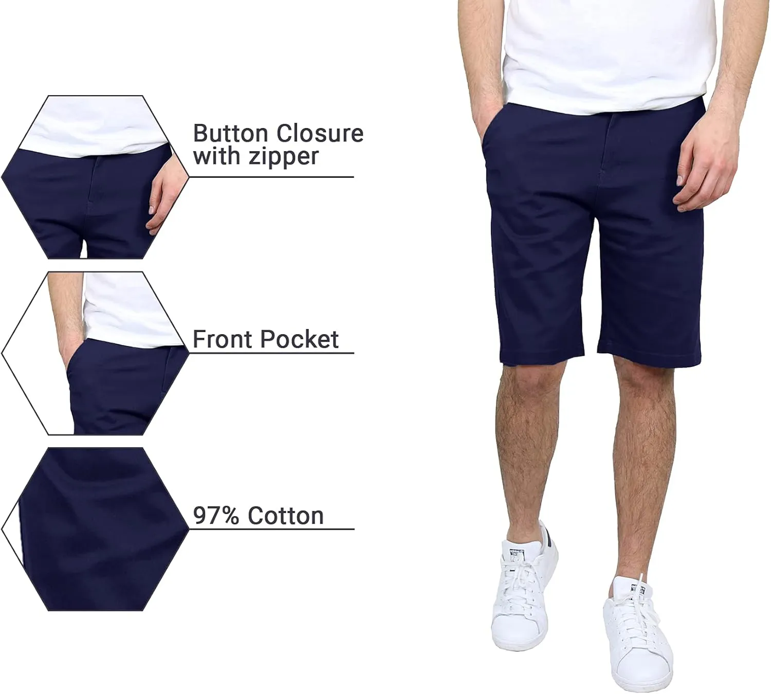 Galaxy by Harvic Men's 5-Pocket Flat-Front Slim-Fit Cotton Stretch Chino Shorts (Size 30-42)