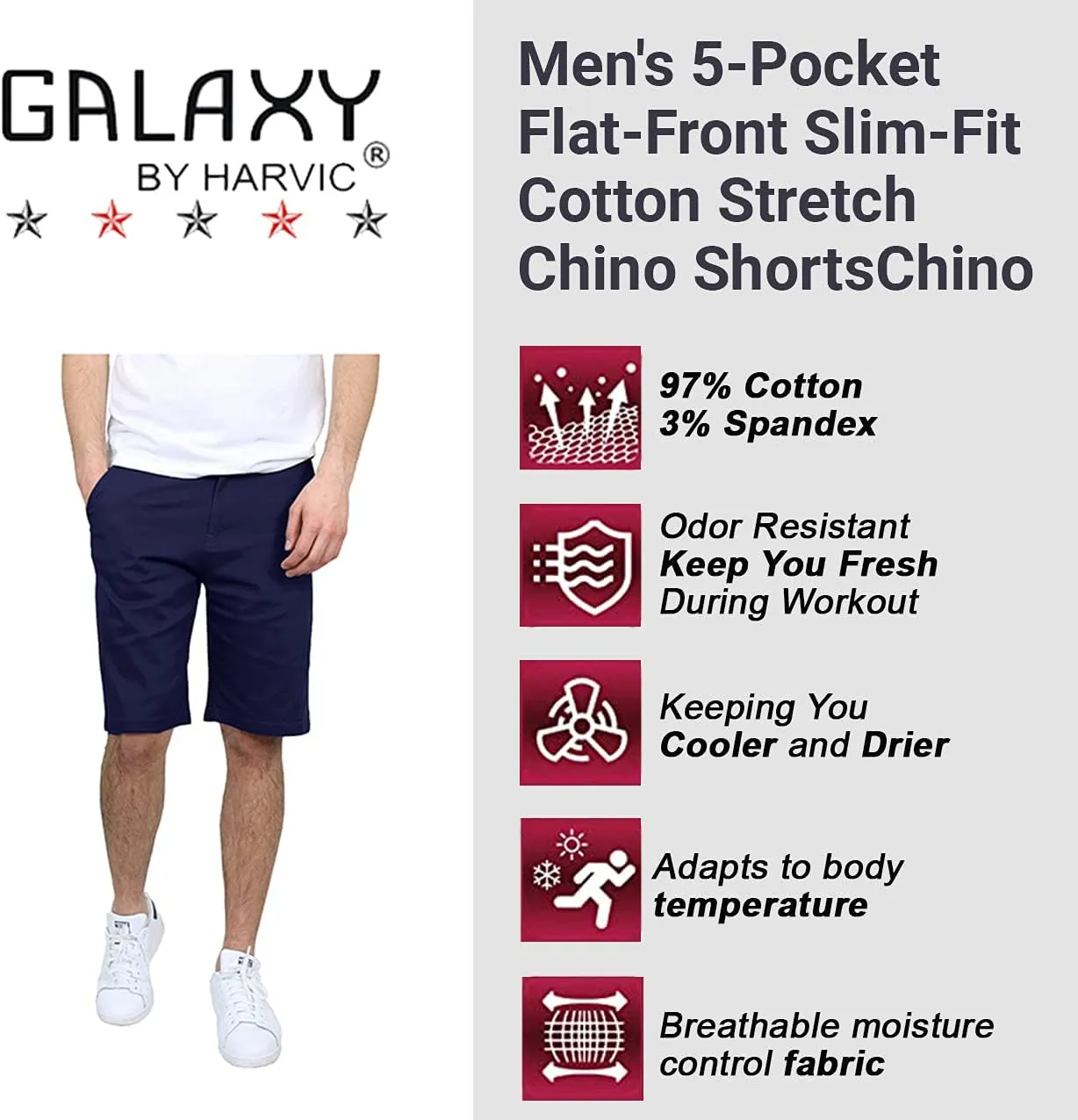 Galaxy by Harvic Men's 5-Pocket Flat-Front Slim-Fit Cotton Stretch Chino Shorts (Size 30-42)