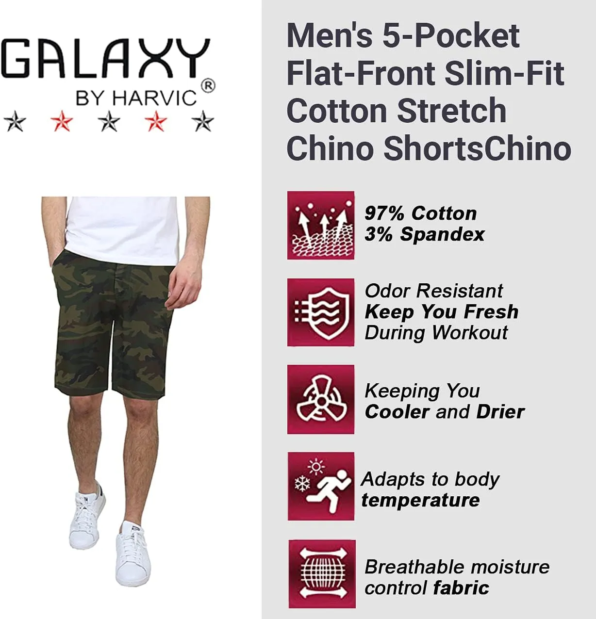 Galaxy by Harvic Men's 5-Pocket Flat-Front Slim-Fit Cotton Stretch Chino Shorts (Size 30-42)