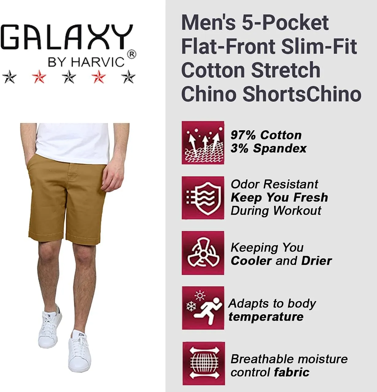 Galaxy by Harvic Men's 5-Pocket Flat-Front Slim-Fit Cotton Stretch Chino Shorts (Size 30-42)