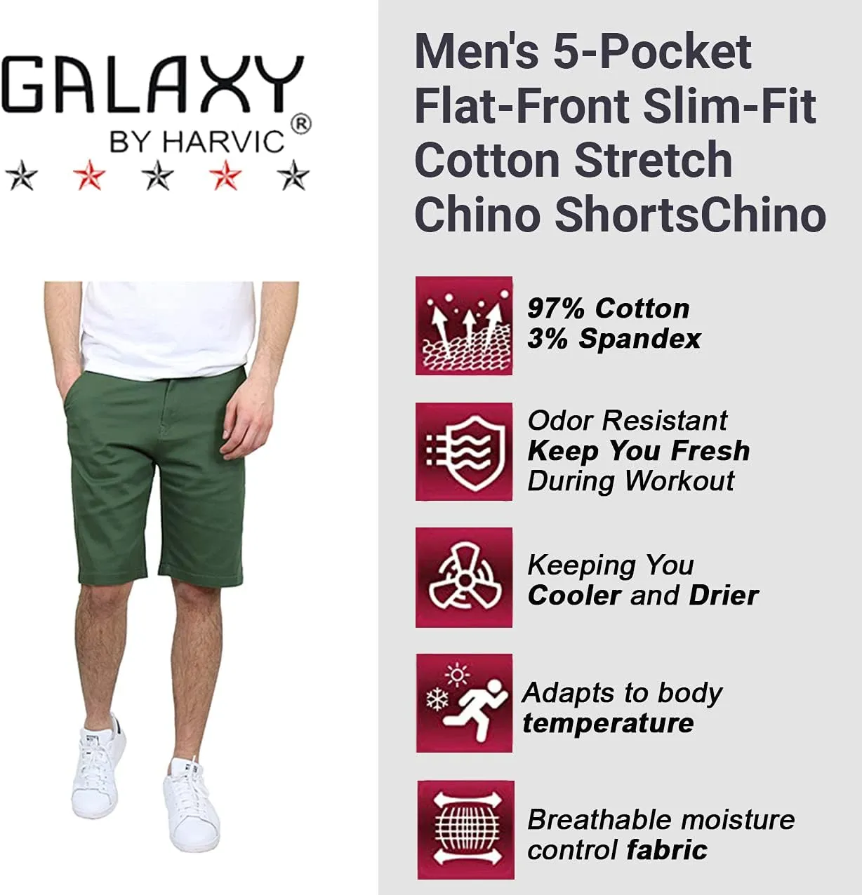 Galaxy by Harvic Men's 5-Pocket Flat-Front Slim-Fit Cotton Stretch Chino Shorts (Size 30-42)