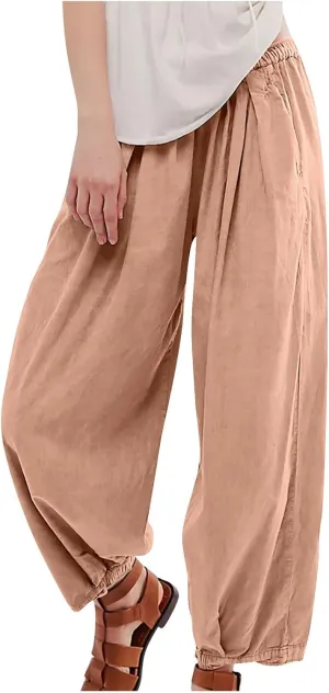 Generic Womens Linen Pants, Comfy Elastic High Waist Palazzo Pants with Pockets, Casual Loose Wide Leg Cotton Trousers