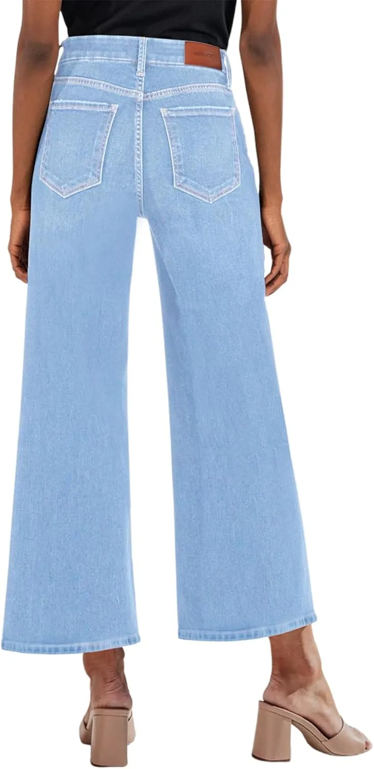 Genleck Women's Wide Leg Jeans  Trendy Cropped Loose Jeans High Waisted Stretchy Capri Denim Pants Baggy Trousers 2024