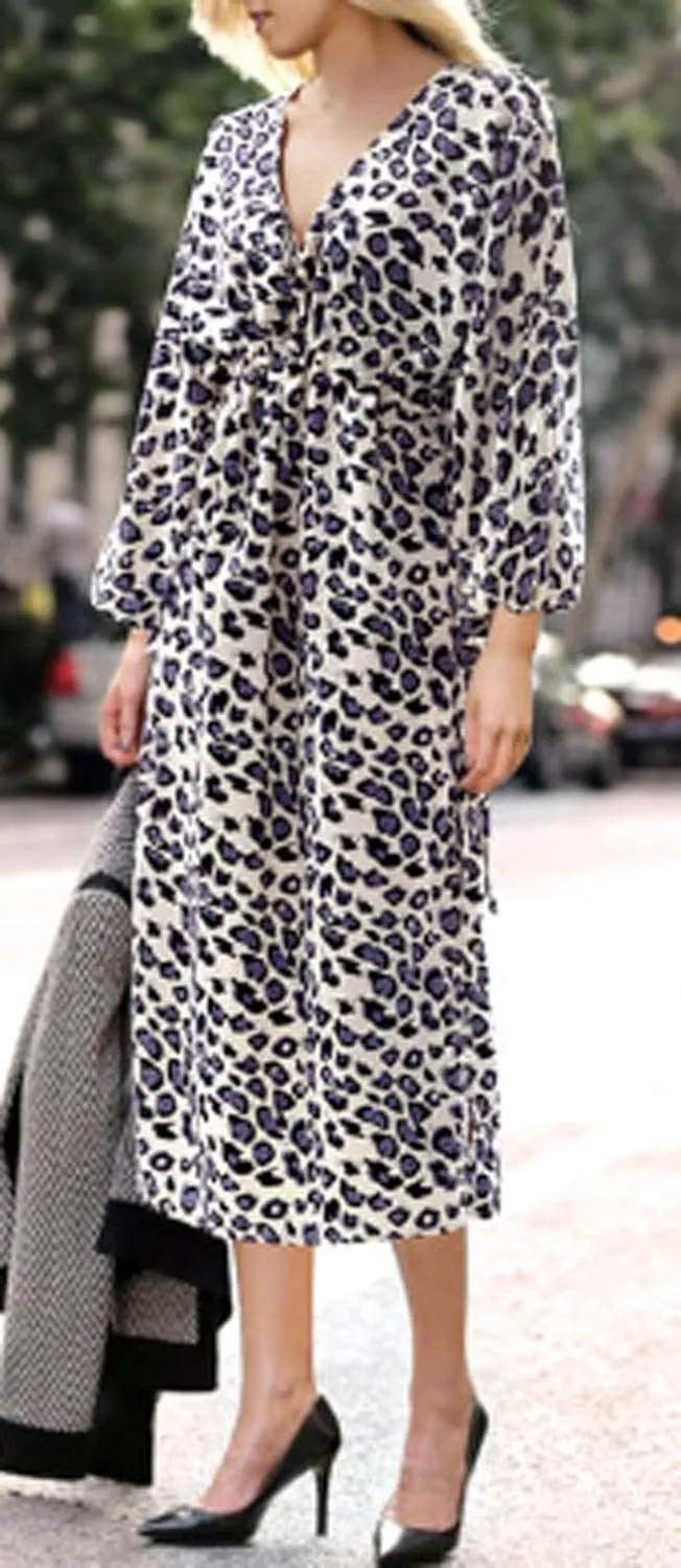 GGUHHU Womens Elegant V-Neck Puff Sleeve High Waist Relaxed Fit Leopard Midi Dress Plus Size