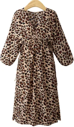 GGUHHU Womens Elegant V-Neck Puff Sleeve High Waist Relaxed Fit Leopard Midi Dress Plus Size
