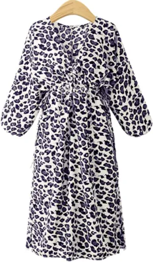GGUHHU Womens Elegant V-Neck Puff Sleeve High Waist Relaxed Fit Leopard Midi Dress Plus Size