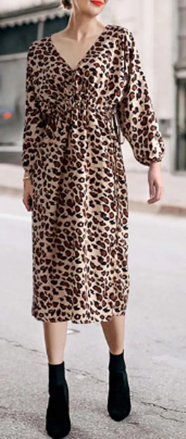 GGUHHU Womens Elegant V-Neck Puff Sleeve High Waist Relaxed Fit Leopard Midi Dress Plus Size
