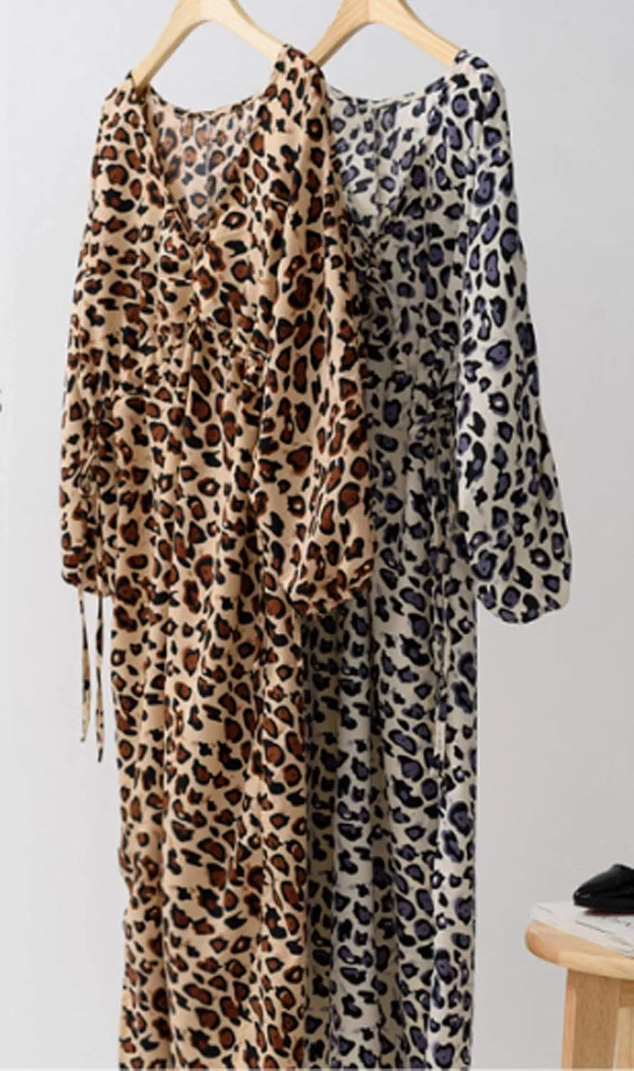 GGUHHU Womens Elegant V-Neck Puff Sleeve High Waist Relaxed Fit Leopard Midi Dress Plus Size
