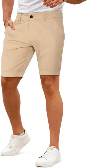 GINGTTO Mens Slim Fit 9" Inseam Flat-Front Shorts Chinos Elastic Waist (32, Khaki Striped)