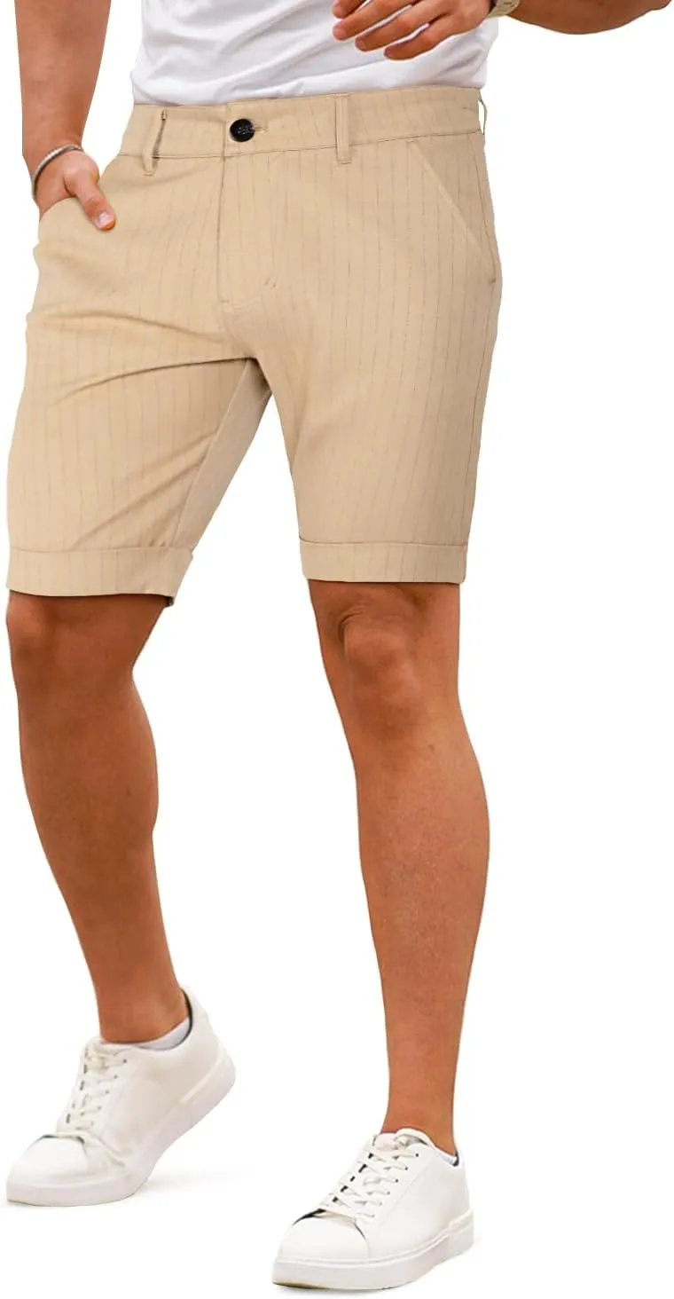 GINGTTO Mens Slim Fit 9" Inseam Flat-Front Shorts Chinos Elastic Waist (32, Khaki Striped)