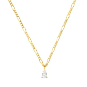 Gold Figaro Chain with Pear Shape CZ Pendant