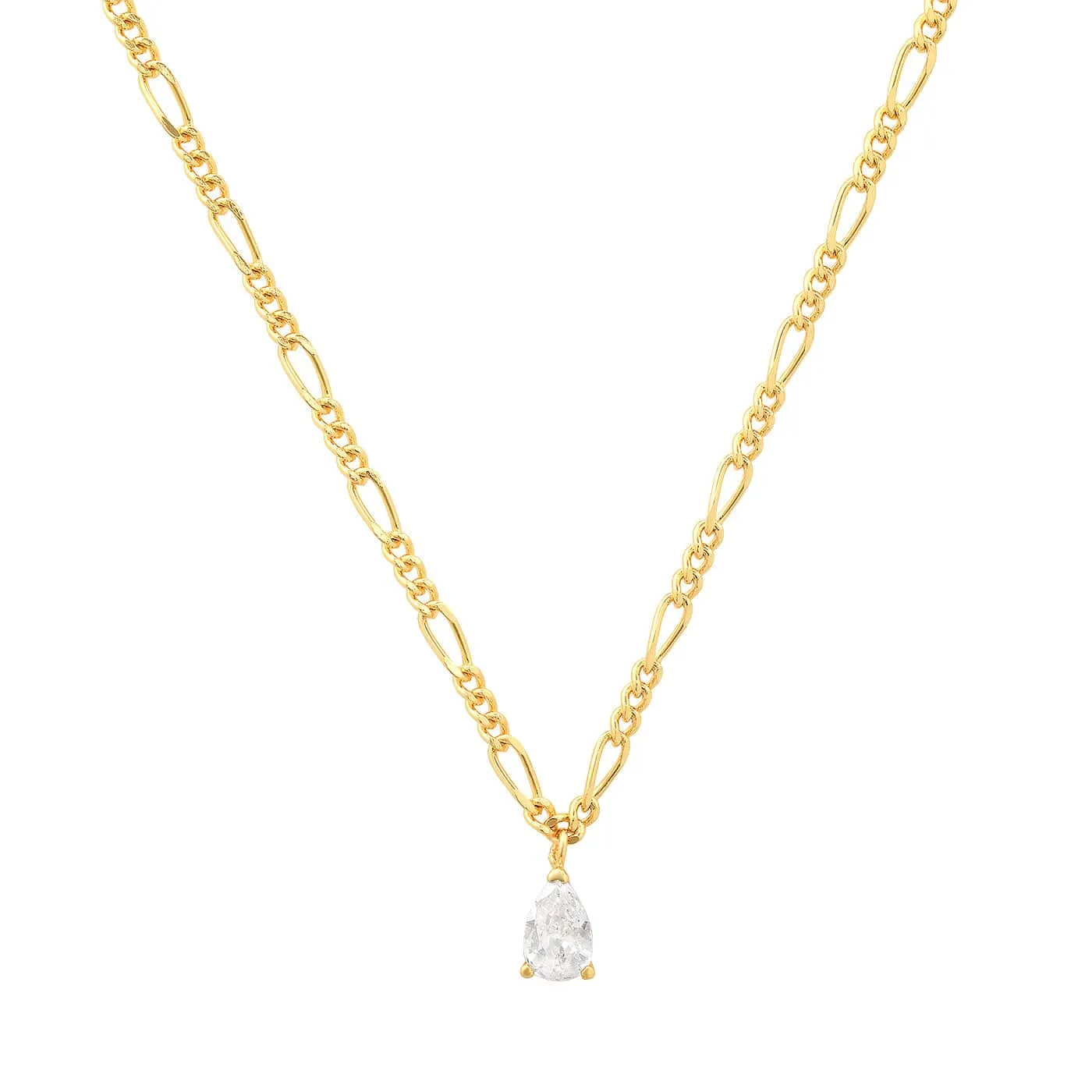 Gold Figaro Chain with Pear Shape CZ Pendant