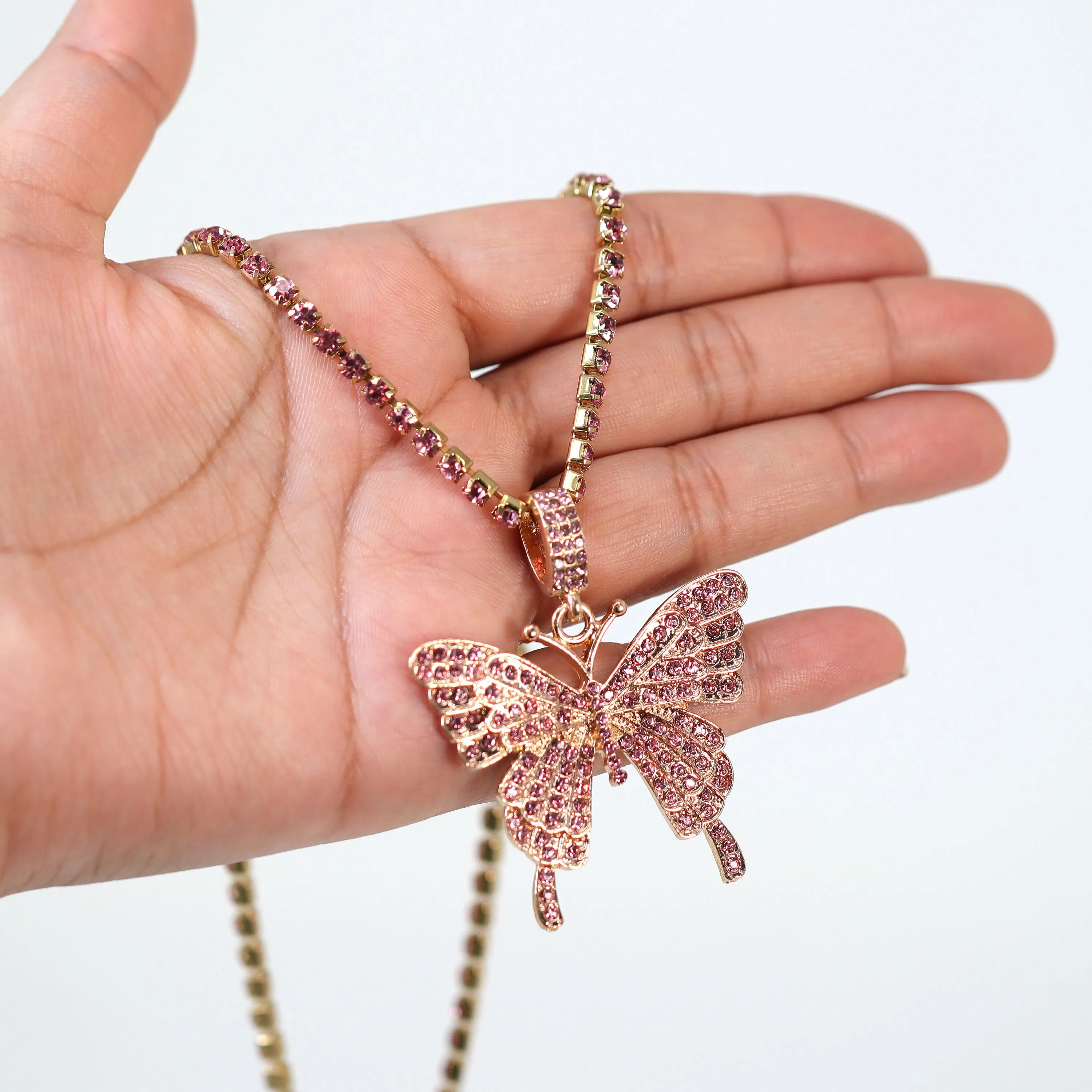 Gold Pink Rhinestone Butterfly Necklace• Butterfly Drop Necklace • Minimalist • Gold Butterfly  Necklace