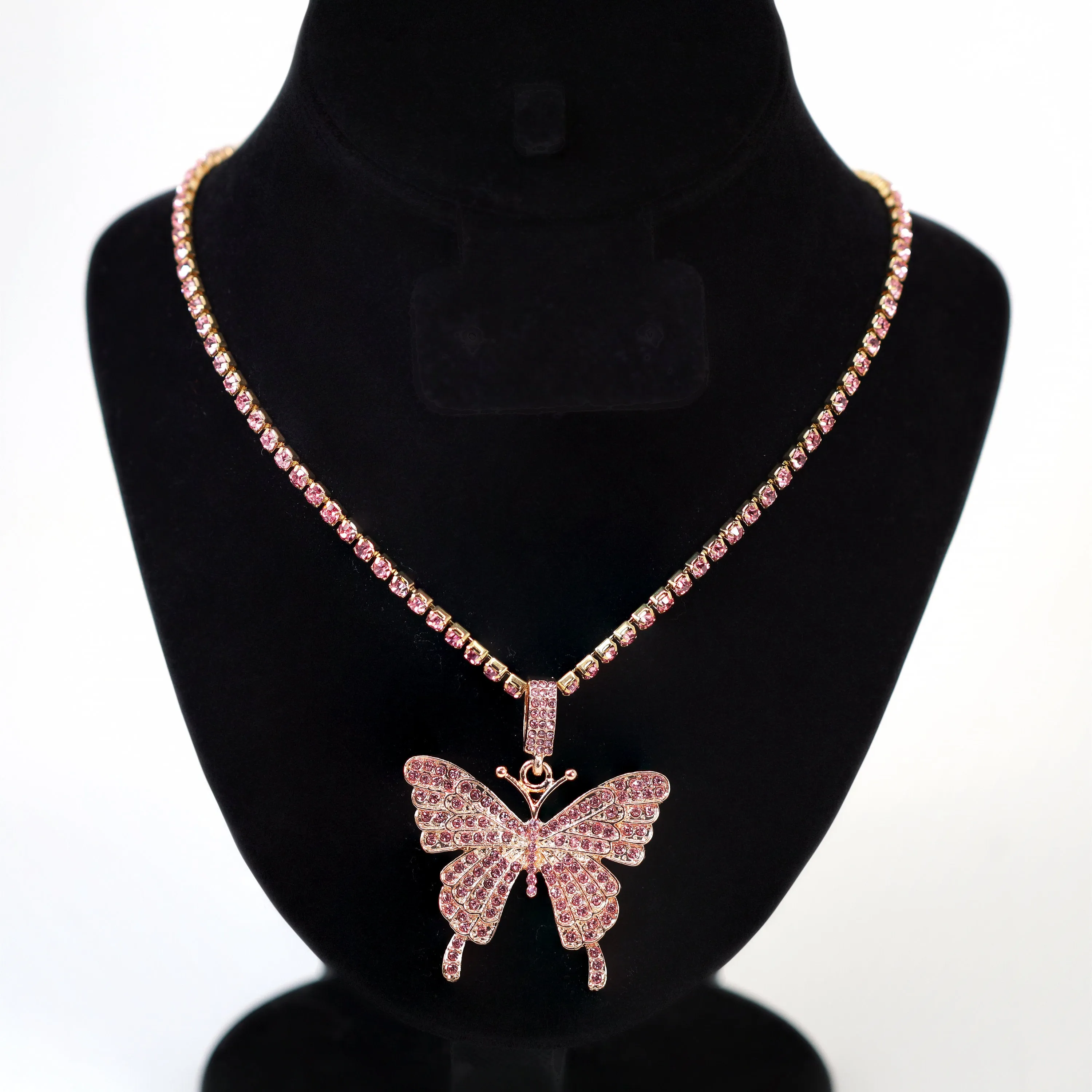 Gold Pink Rhinestone Butterfly Necklace• Butterfly Drop Necklace • Minimalist • Gold Butterfly  Necklace