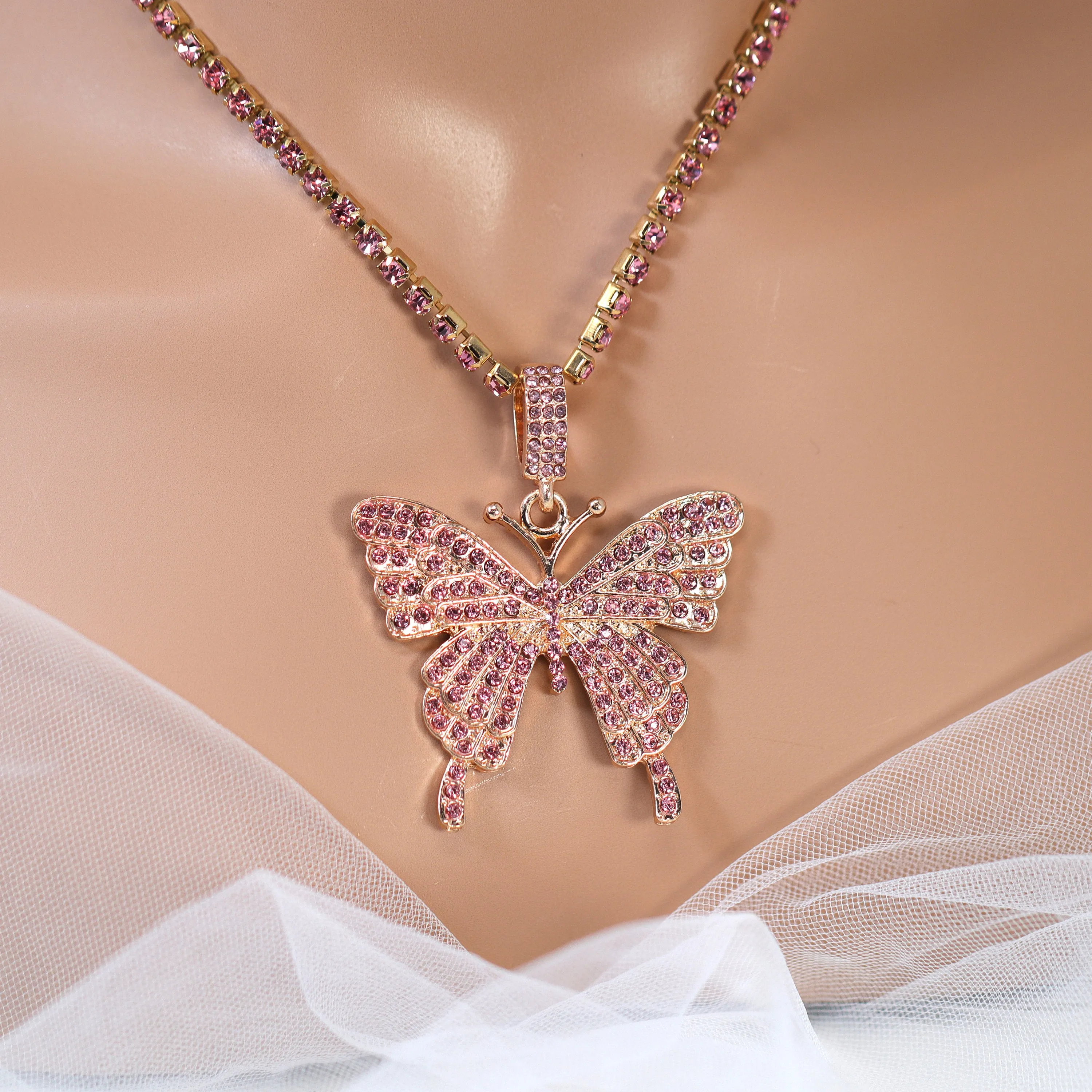 Gold Pink Rhinestone Butterfly Necklace• Butterfly Drop Necklace • Minimalist • Gold Butterfly  Necklace