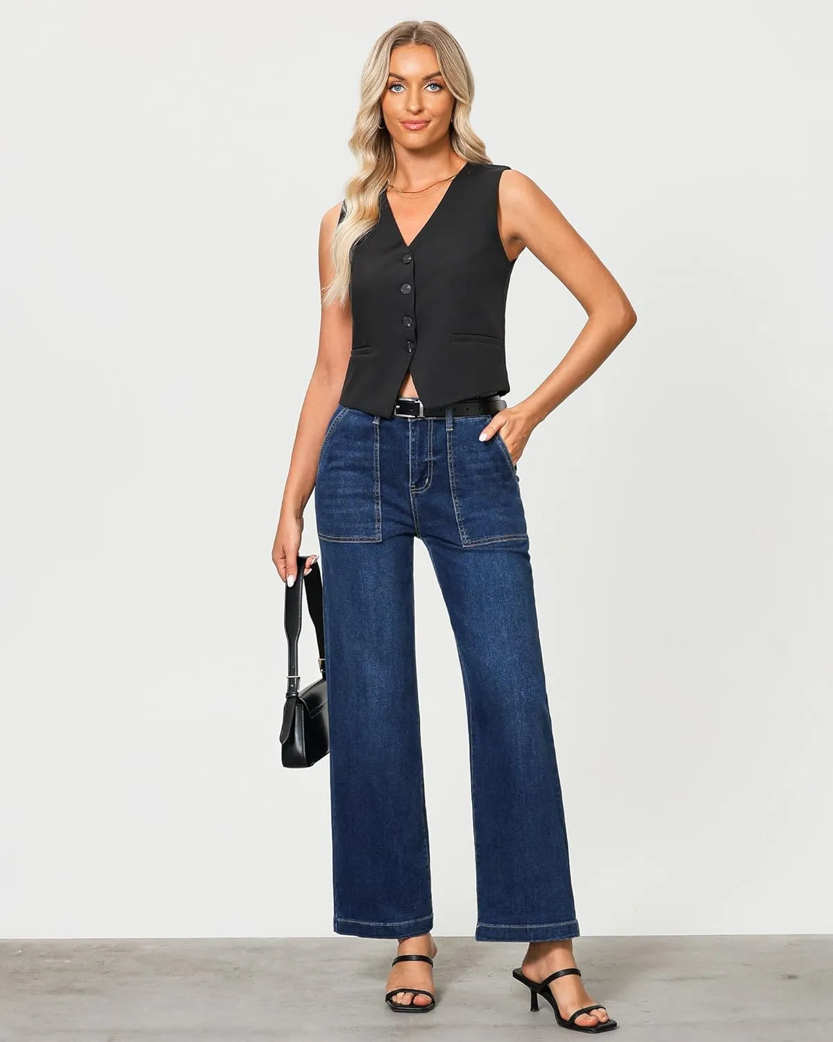 GRAPENT Jeans for Women High Waisted Straight Leg Jeans Stretchy Trendy Wide Leg Denim Pants Jean Trousers Patch Pockets
