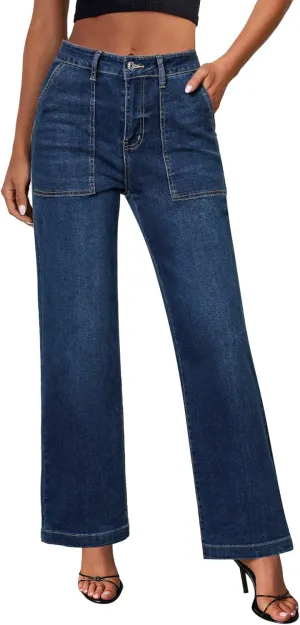 GRAPENT Jeans for Women High Waisted Straight Leg Jeans Stretchy Trendy Wide Leg Denim Pants Jean Trousers Patch Pockets