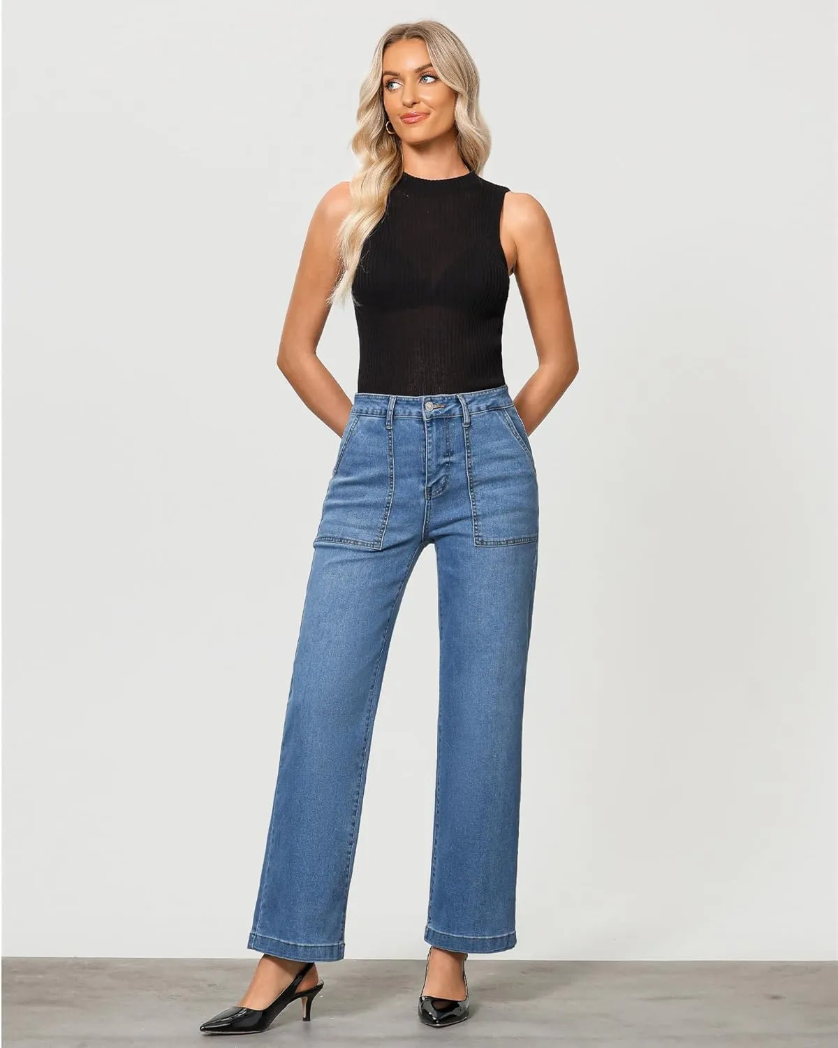 GRAPENT Jeans for Women High Waisted Straight Leg Jeans Stretchy Trendy Wide Leg Denim Pants Jean Trousers Patch Pockets