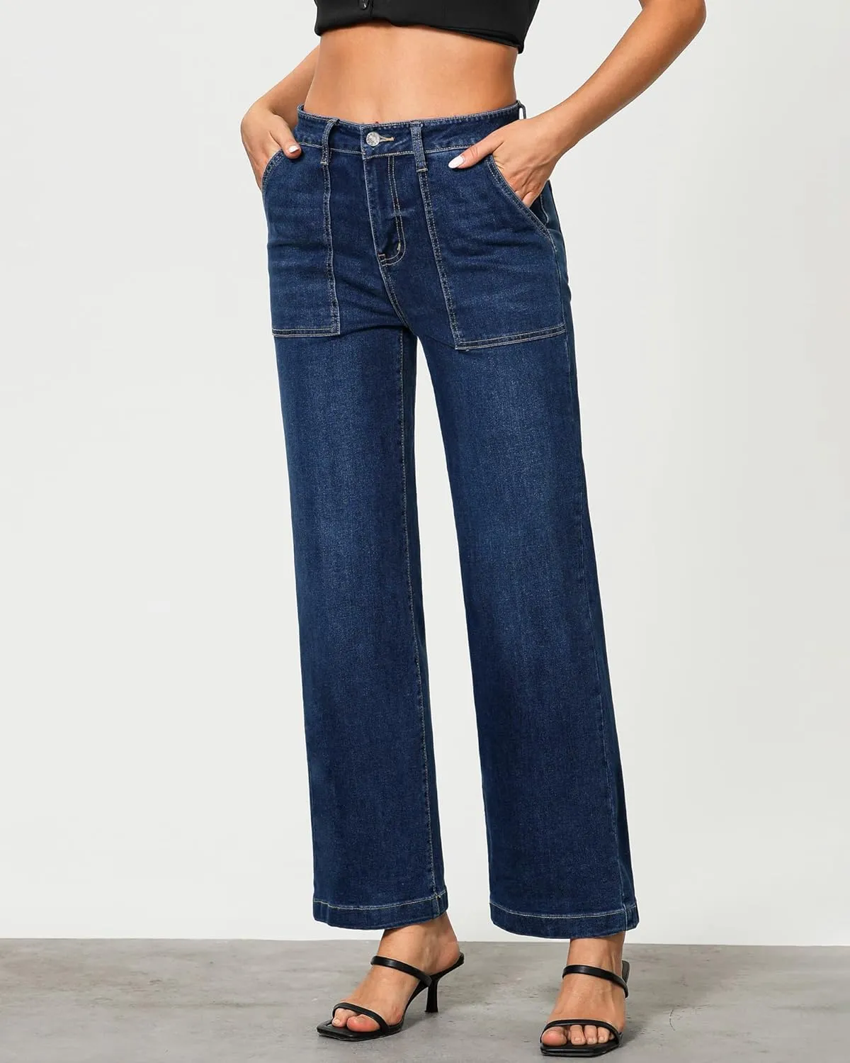 GRAPENT Jeans for Women High Waisted Straight Leg Jeans Stretchy Trendy Wide Leg Denim Pants Jean Trousers Patch Pockets