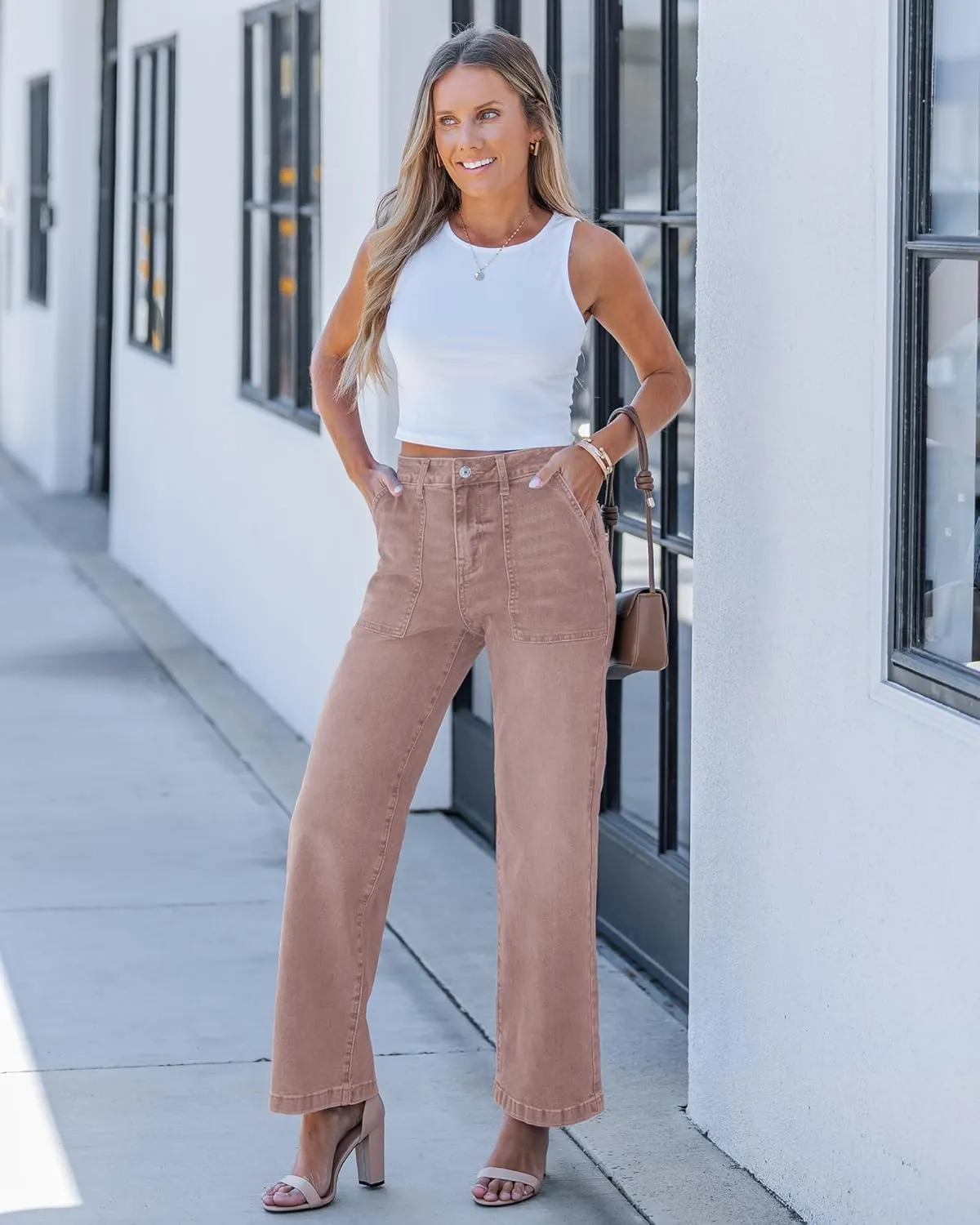 GRAPENT Jeans for Women High Waisted Straight Leg Jeans Stretchy Trendy Wide Leg Denim Pants Jean Trousers Patch Pockets