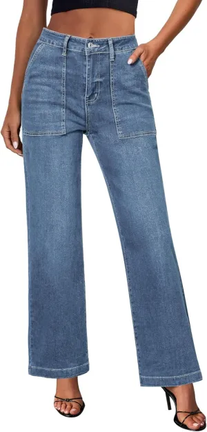 GRAPENT Jeans for Women High Waisted Straight Leg Jeans Stretchy Trendy Wide Leg Denim Pants Jean Trousers Patch Pockets