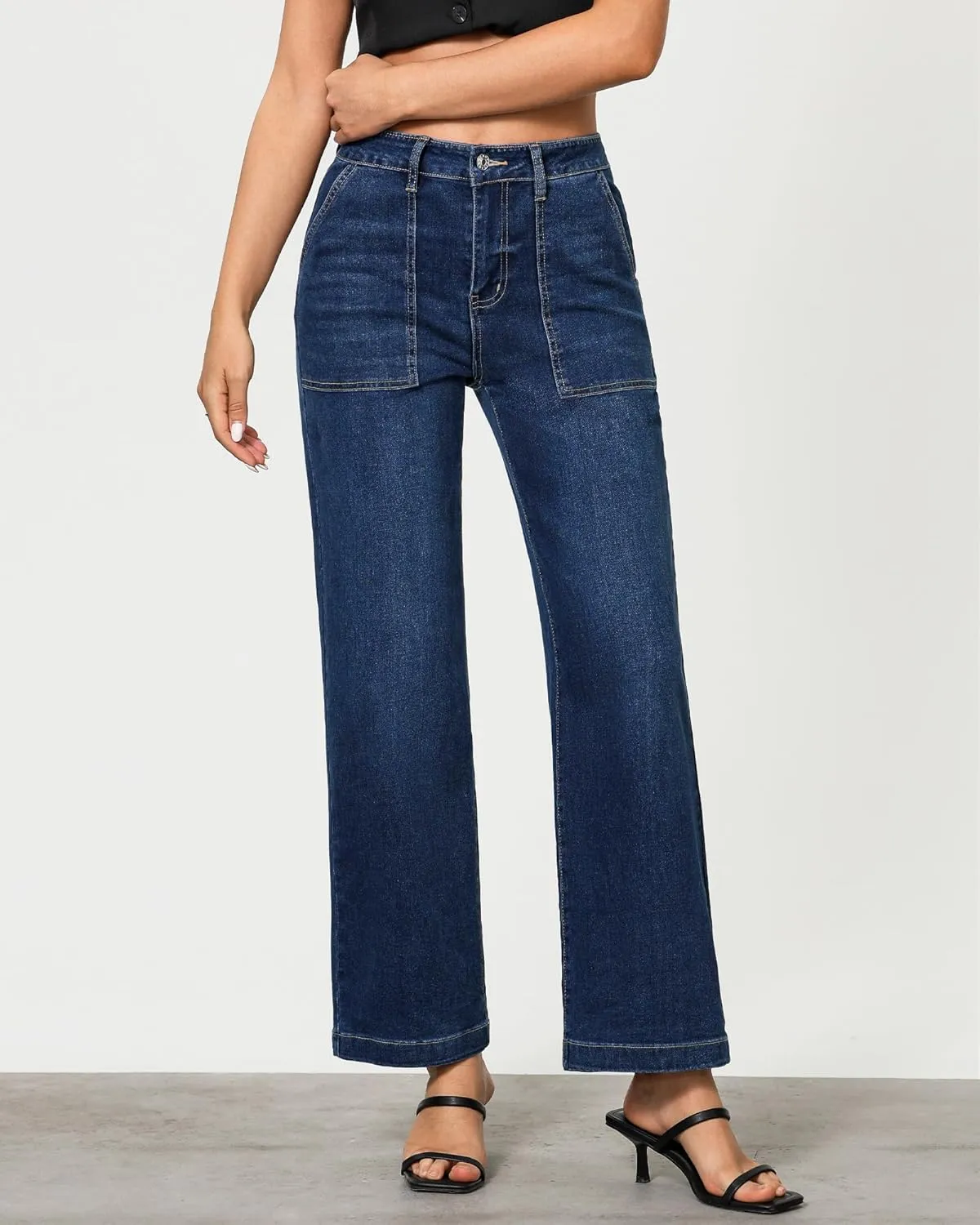 GRAPENT Jeans for Women High Waisted Straight Leg Jeans Stretchy Trendy Wide Leg Denim Pants Jean Trousers Patch Pockets