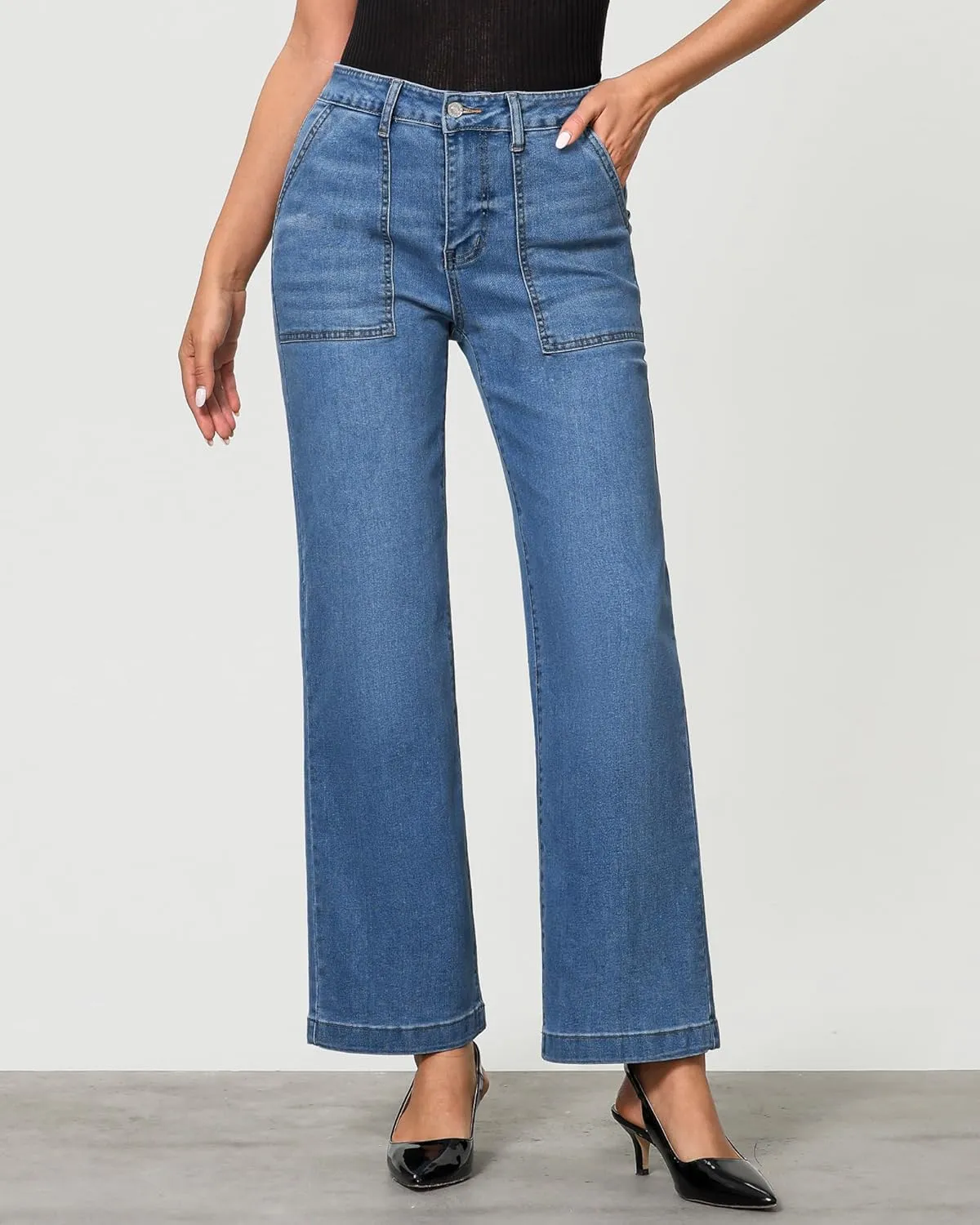 GRAPENT Jeans for Women High Waisted Straight Leg Jeans Stretchy Trendy Wide Leg Denim Pants Jean Trousers Patch Pockets