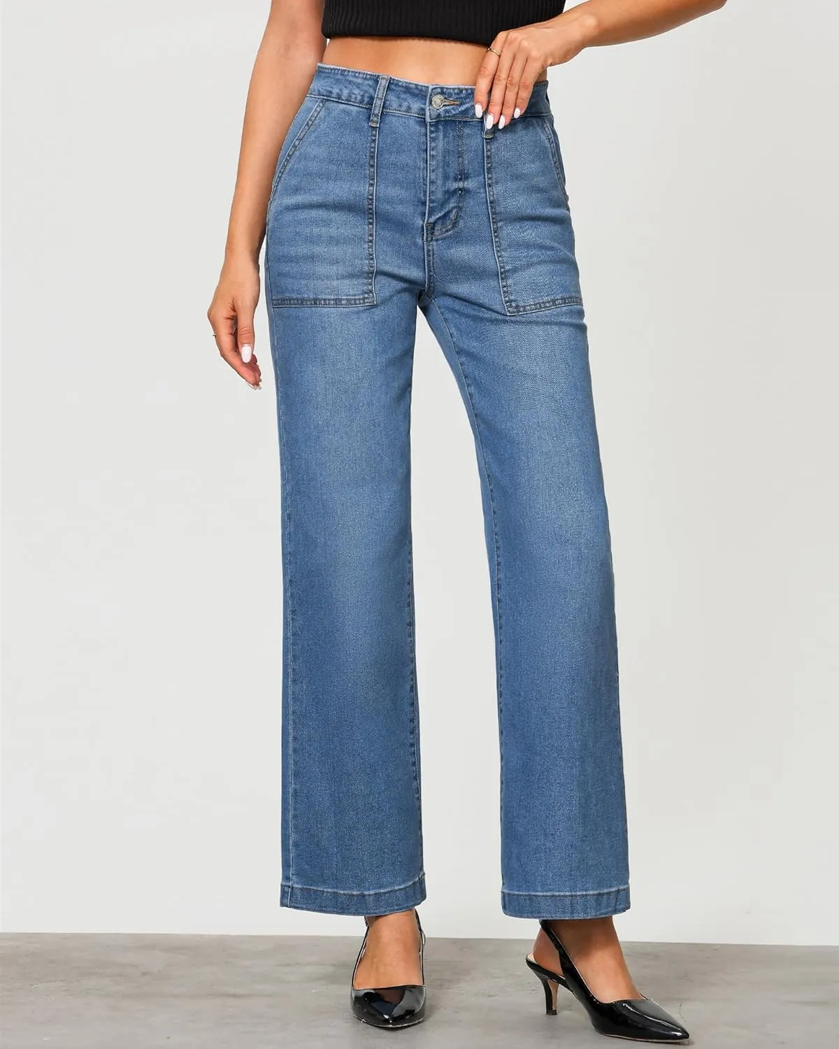 GRAPENT Jeans for Women High Waisted Straight Leg Jeans Stretchy Trendy Wide Leg Denim Pants Jean Trousers Patch Pockets