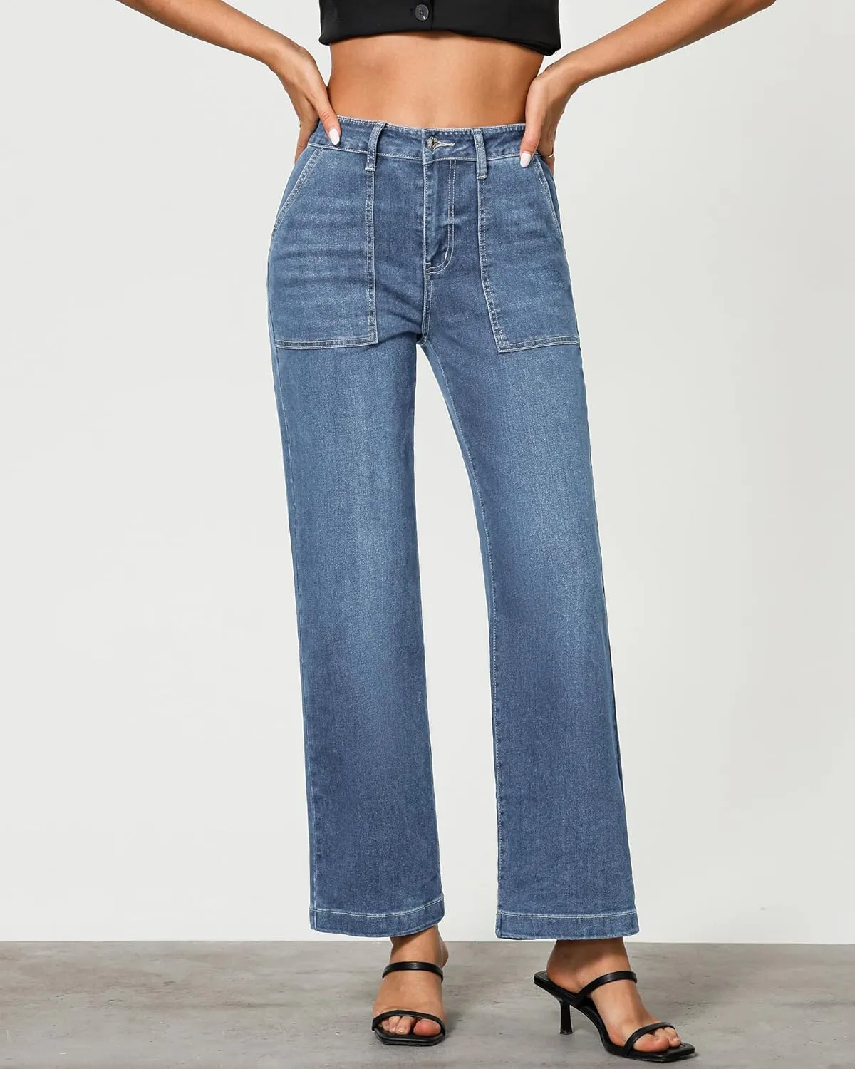 GRAPENT Jeans for Women High Waisted Straight Leg Jeans Stretchy Trendy Wide Leg Denim Pants Jean Trousers Patch Pockets