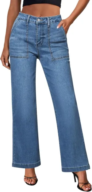 GRAPENT Jeans for Women High Waisted Straight Leg Jeans Stretchy Trendy Wide Leg Denim Pants Jean Trousers Patch Pockets