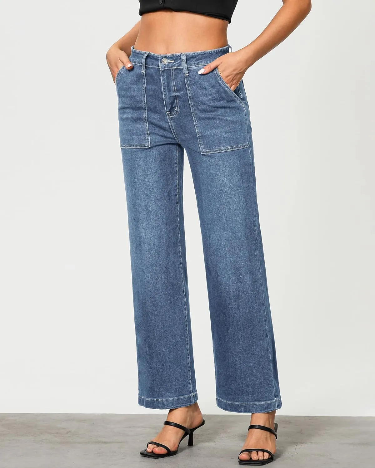 GRAPENT Jeans for Women High Waisted Straight Leg Jeans Stretchy Trendy Wide Leg Denim Pants Jean Trousers Patch Pockets