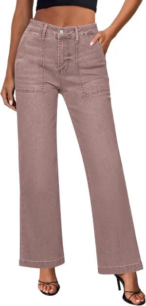 GRAPENT Jeans for Women High Waisted Straight Leg Jeans Stretchy Trendy Wide Leg Denim Pants Jean Trousers Patch Pockets