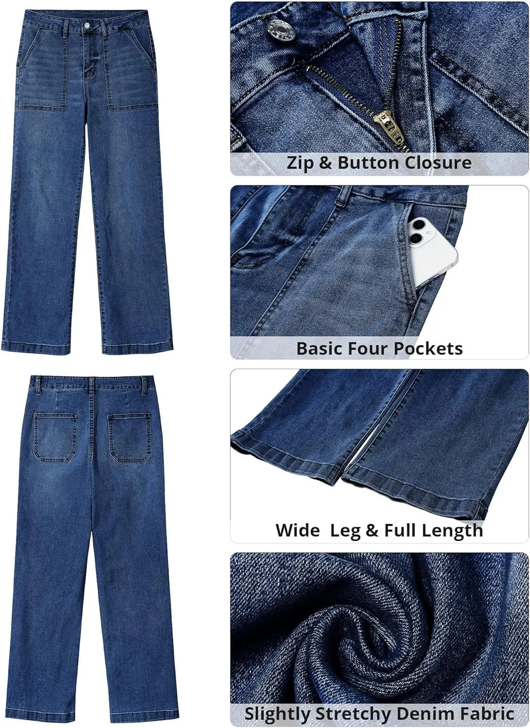 GRAPENT Jeans for Women High Waisted Straight Leg Jeans Stretchy Trendy Wide Leg Denim Pants Jean Trousers Patch Pockets