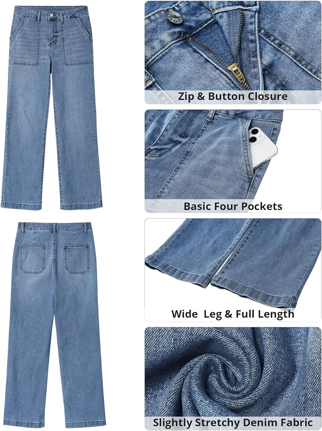 GRAPENT Jeans for Women High Waisted Straight Leg Jeans Stretchy Trendy Wide Leg Denim Pants Jean Trousers Patch Pockets