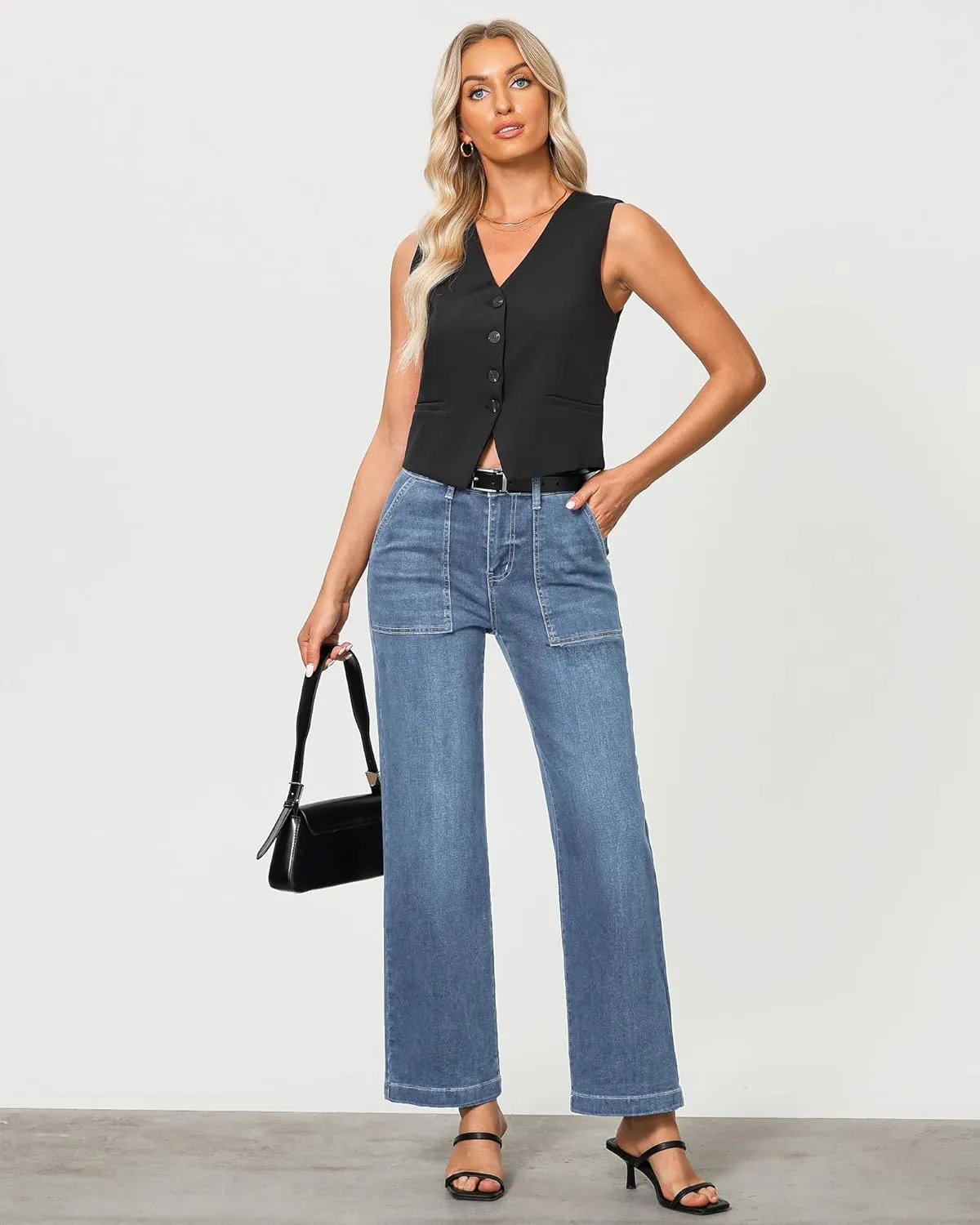 GRAPENT Jeans for Women High Waisted Straight Leg Jeans Stretchy Trendy Wide Leg Denim Pants Jean Trousers Patch Pockets