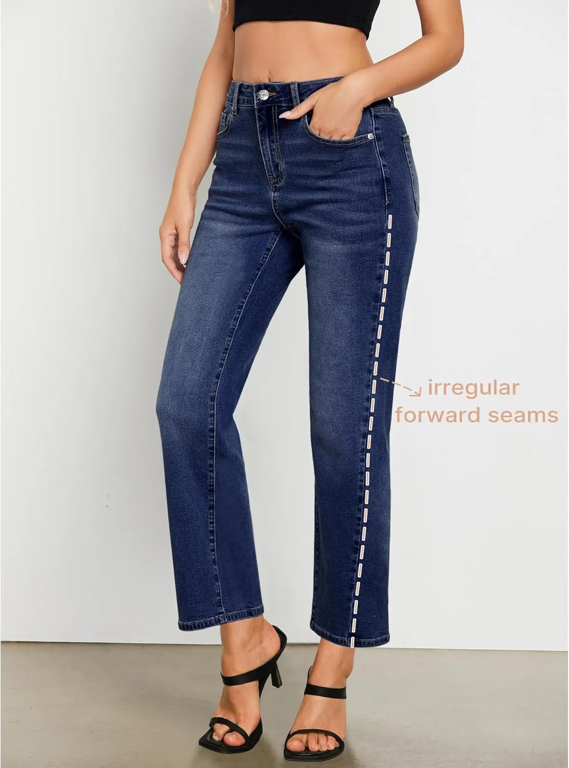 GRAPENT Straight Leg Jeans for Women High Waisted Trendy Ankle Length Forward Seams Stretchy Denim Pants Baggy Jeans