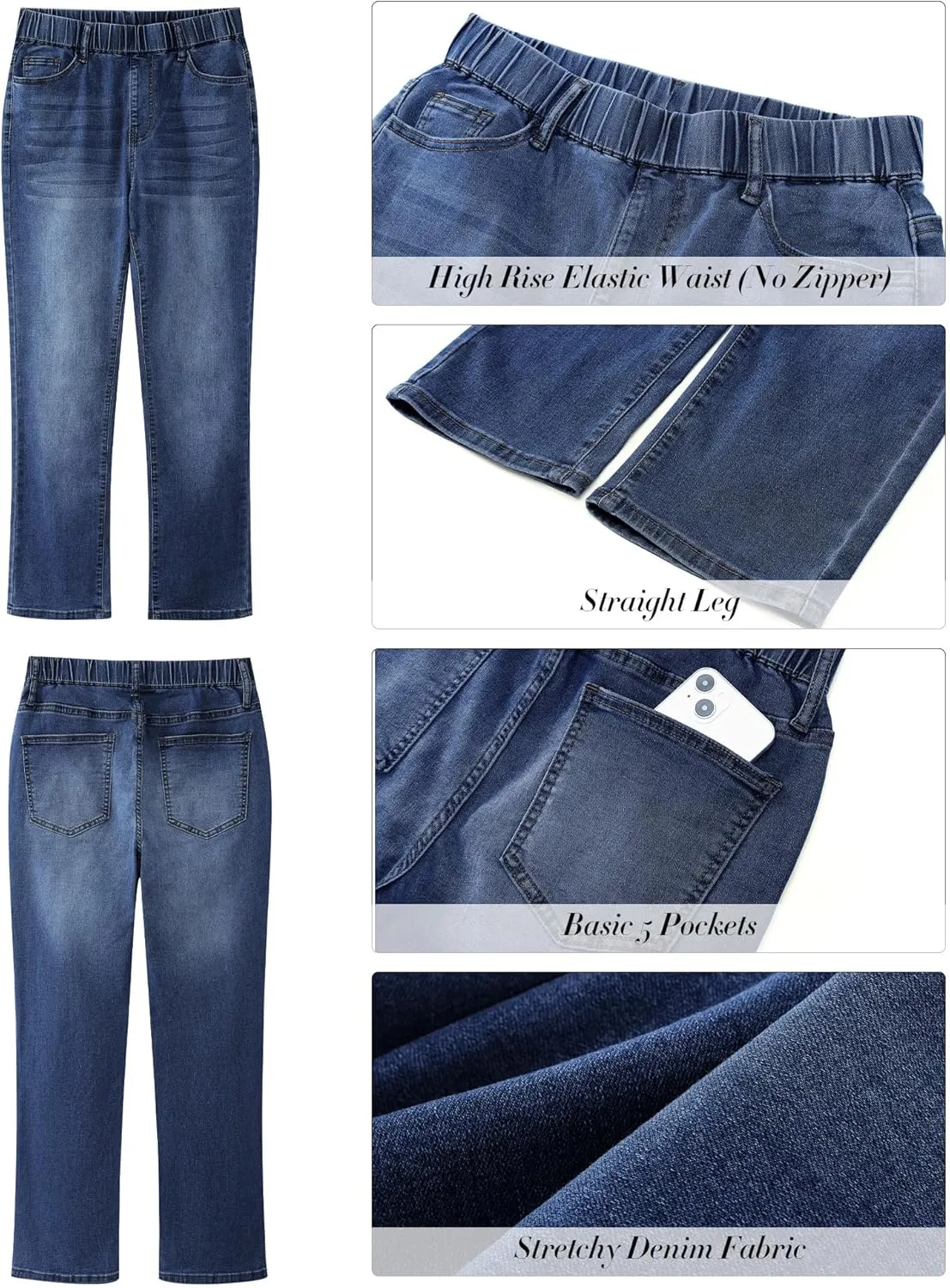 GRAPENT Straight Leg Jeans for Women Trendy Pull On High Waisted Cropped Elastic Waist Stretchy Denim Pants Ankle Jeans