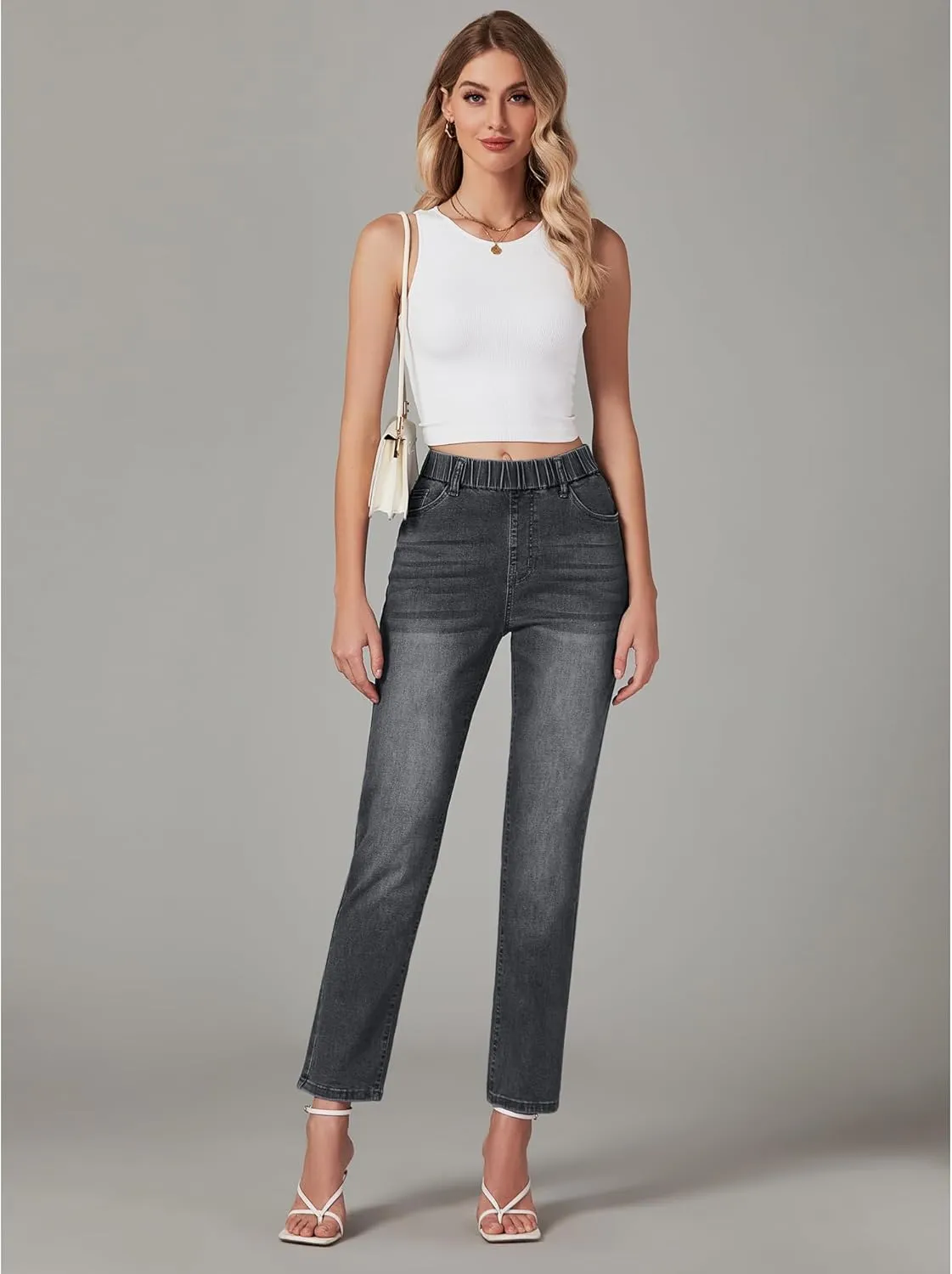 GRAPENT Straight Leg Jeans for Women Trendy Pull On High Waisted Cropped Elastic Waist Stretchy Denim Pants Ankle Jeans