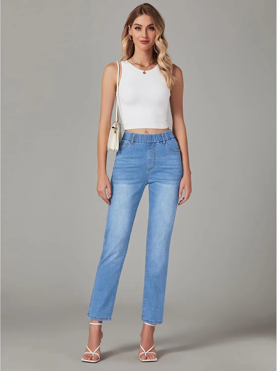 GRAPENT Straight Leg Jeans for Women Trendy Pull On High Waisted Cropped Elastic Waist Stretchy Denim Pants Ankle Jeans