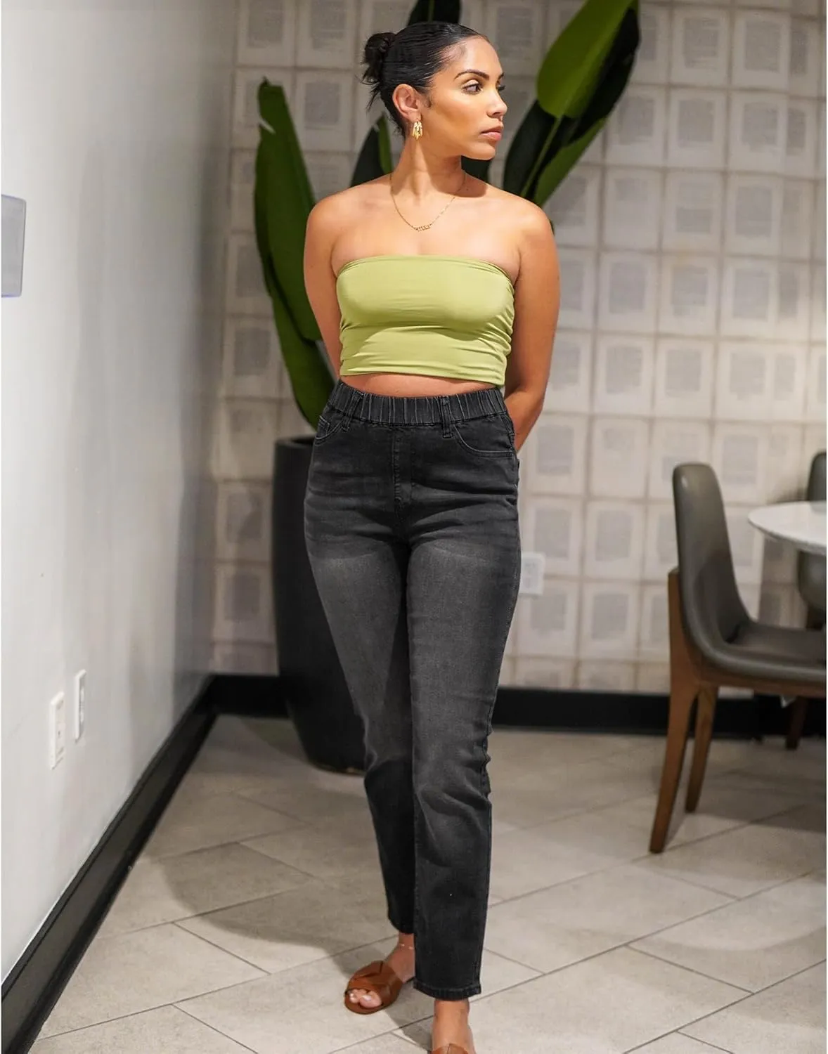 GRAPENT Straight Leg Jeans for Women Trendy Pull On High Waisted Cropped Elastic Waist Stretchy Denim Pants Ankle Jeans