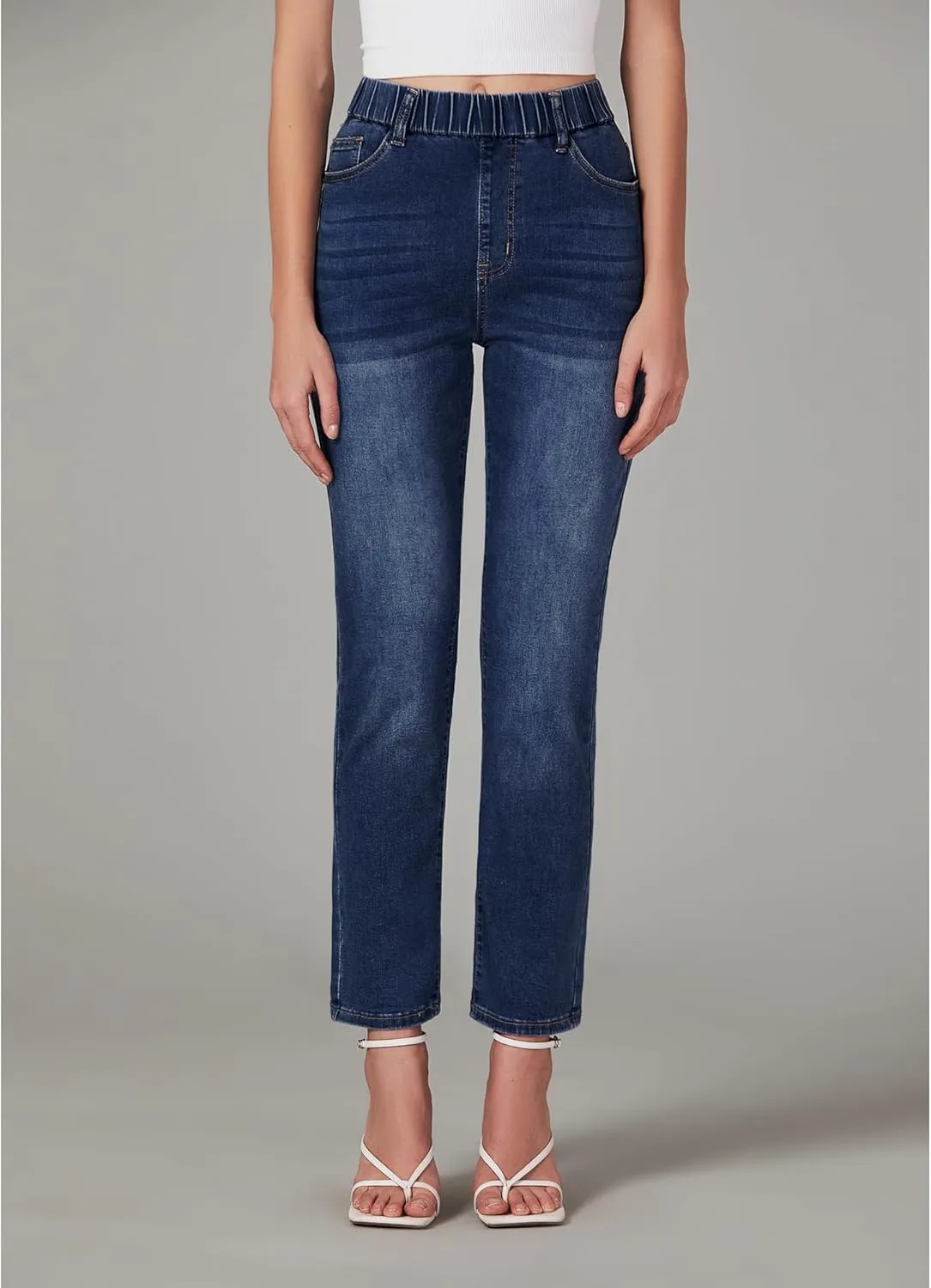 GRAPENT Straight Leg Jeans for Women Trendy Pull On High Waisted Cropped Elastic Waist Stretchy Denim Pants Ankle Jeans