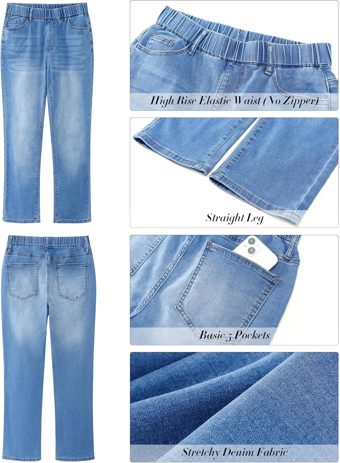 GRAPENT Straight Leg Jeans for Women Trendy Pull On High Waisted Cropped Elastic Waist Stretchy Denim Pants Ankle Jeans
