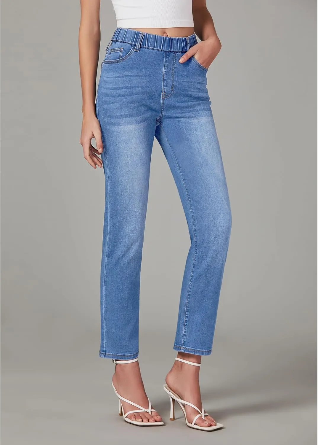 GRAPENT Straight Leg Jeans for Women Trendy Pull On High Waisted Cropped Elastic Waist Stretchy Denim Pants Ankle Jeans
