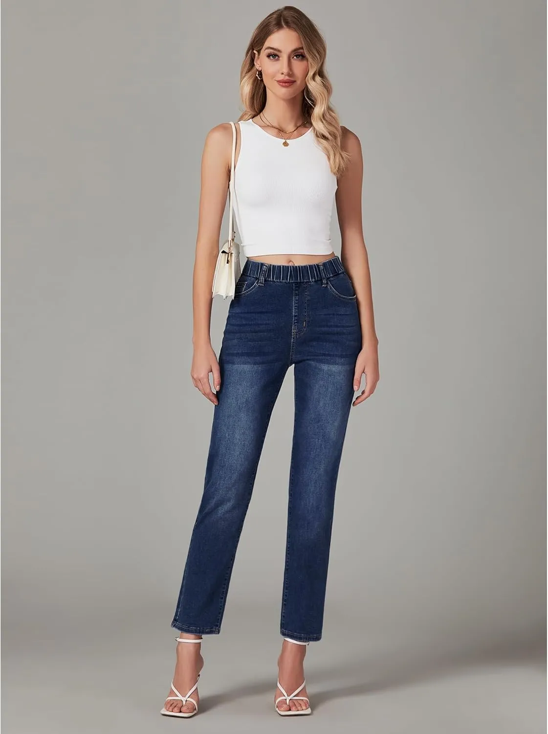 GRAPENT Straight Leg Jeans for Women Trendy Pull On High Waisted Cropped Elastic Waist Stretchy Denim Pants Ankle Jeans