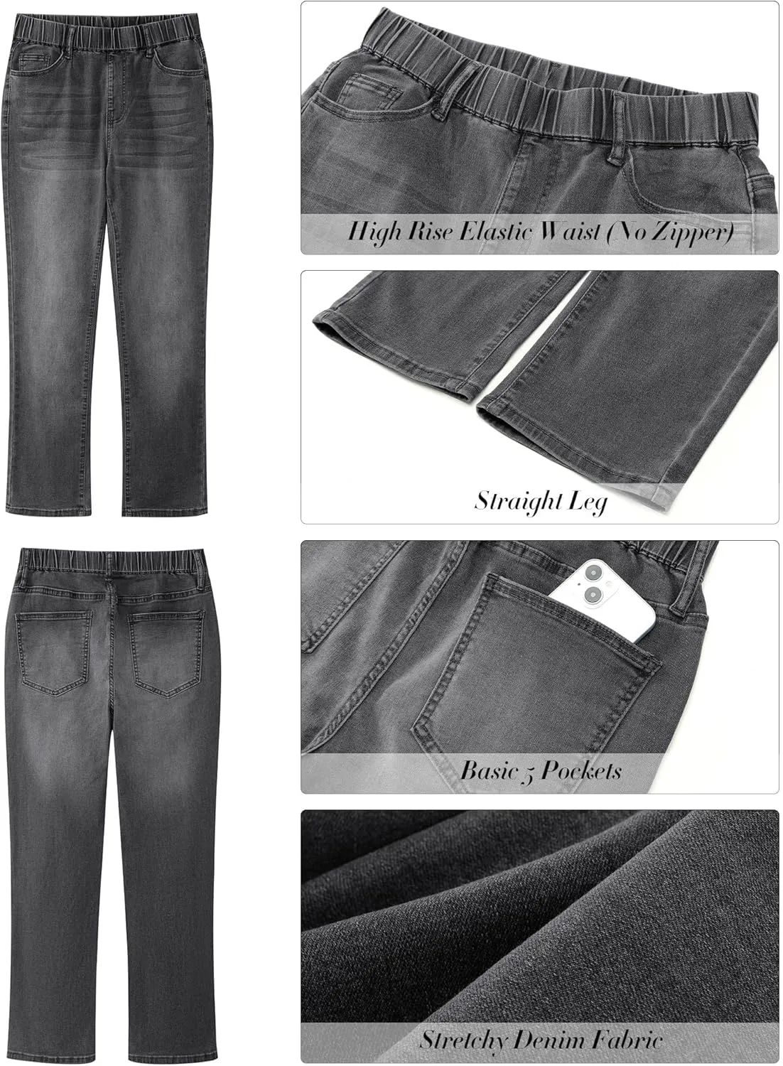 GRAPENT Straight Leg Jeans for Women Trendy Pull On High Waisted Cropped Elastic Waist Stretchy Denim Pants Ankle Jeans