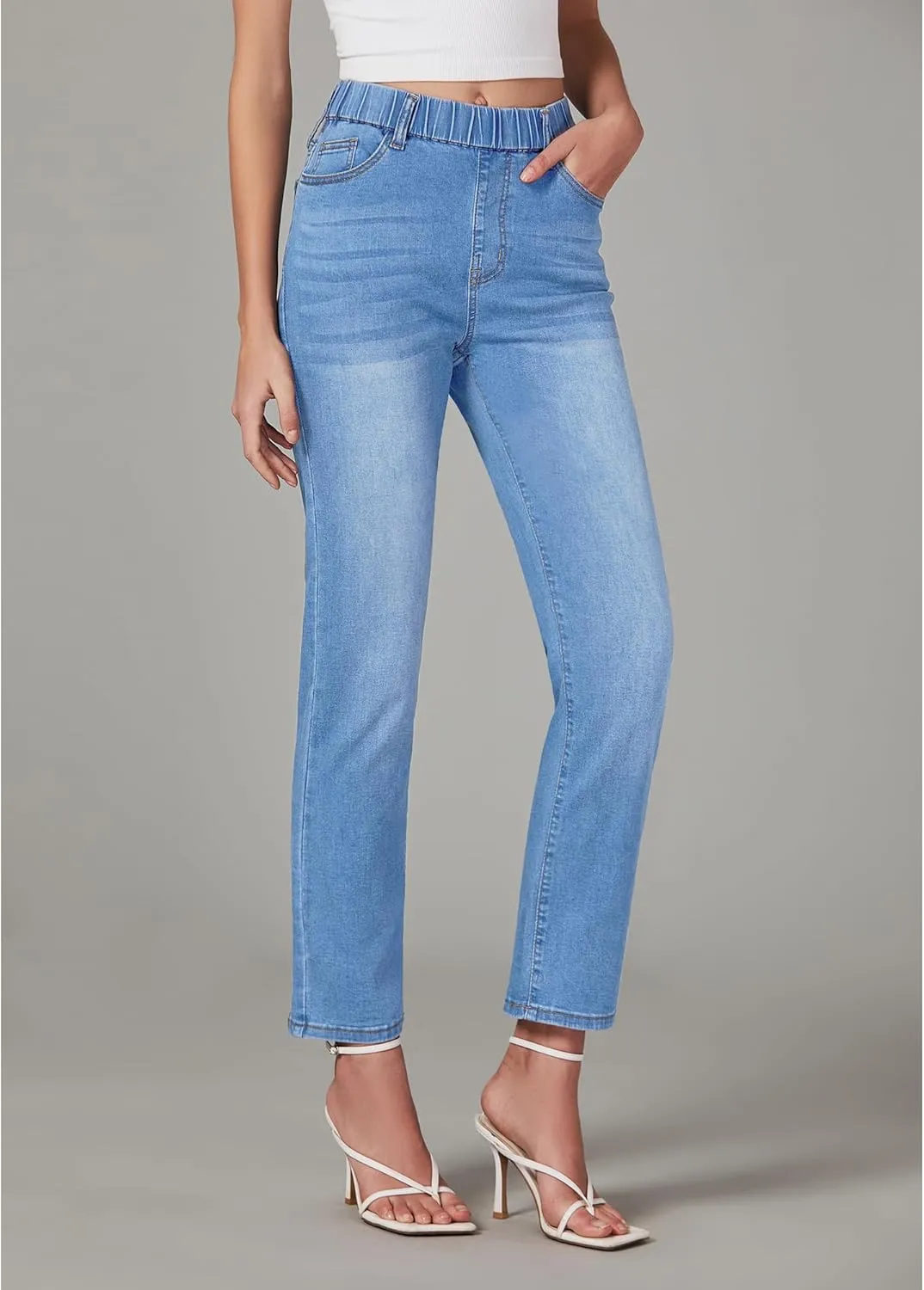 GRAPENT Straight Leg Jeans for Women Trendy Pull On High Waisted Cropped Elastic Waist Stretchy Denim Pants Ankle Jeans