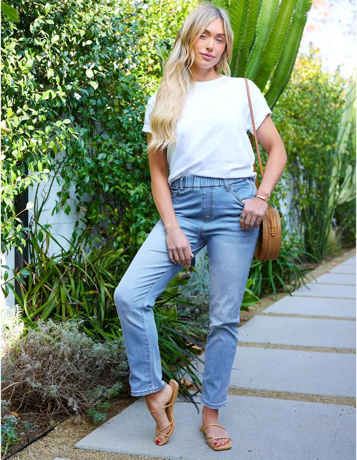 GRAPENT Straight Leg Jeans for Women Trendy Pull On High Waisted Cropped Elastic Waist Stretchy Denim Pants Ankle Jeans
